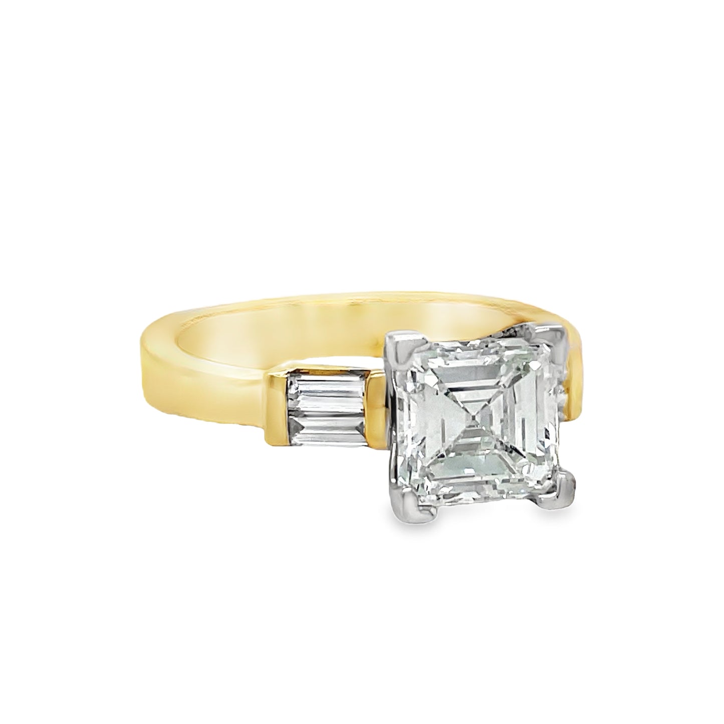 Custom Made Assher Cut & Baguette Engagement Ring Front view 