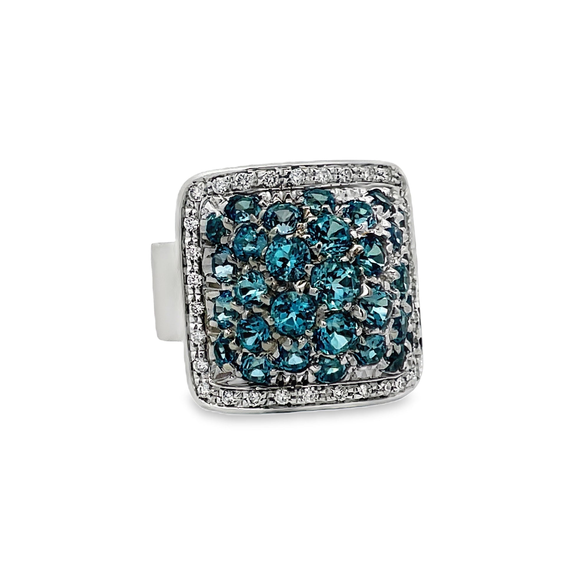 Side view of 18k White Gold Italian Made Blue Topaz & Diamond Italian Ring