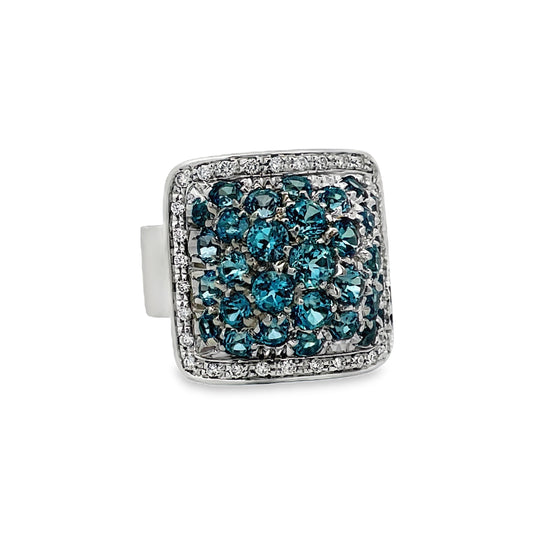 Side view of 18k White Gold Italian Made Blue Topaz & Diamond Italian Ring