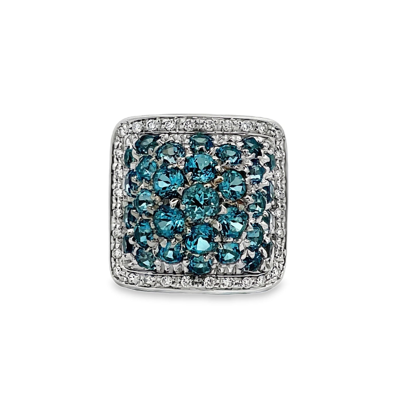 Front view of 18k White Gold Italian Made Blue Topaz & Diamond Italian Ring