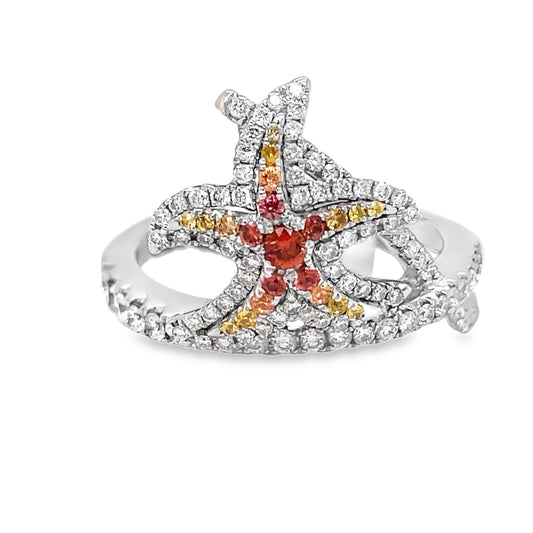 Front view of 18kWhite Gold Multicolor Sapphire & Diamond Starfish Ring