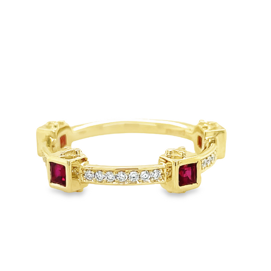 Top view of 14k Yellow Gold Ruby & Diamond Cardinal Point Ring