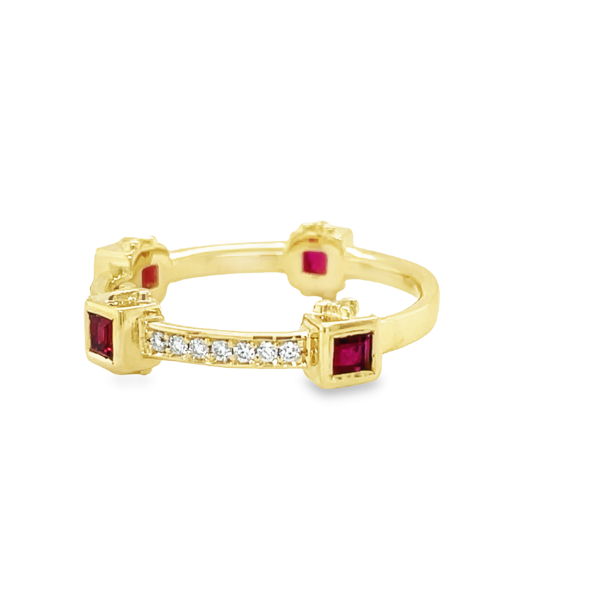 Side view of 14k Yellow Gold Ruby & Diamond Cardinal Point Ring