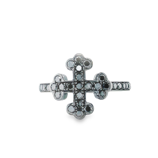 Front view of 18k White Gold Blackened Diamond Cross Ring