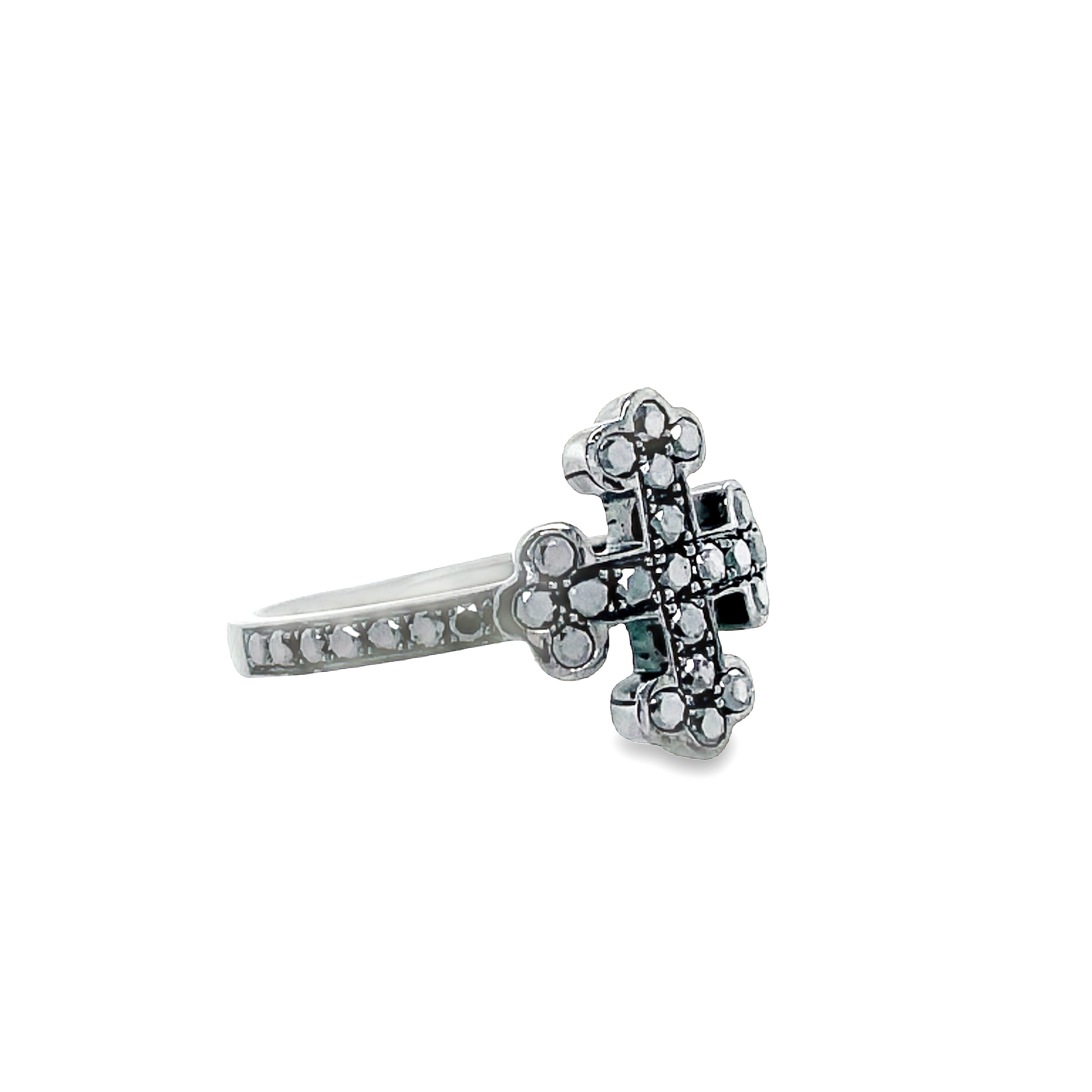 Side view of 18k White Gold Blackened Diamond Cross Ring