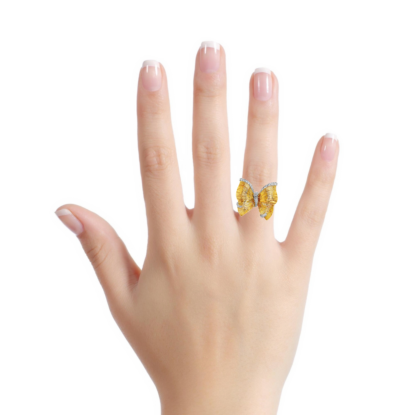 Butterfly Diamond Ring Two Tone Matte Finish Try on View