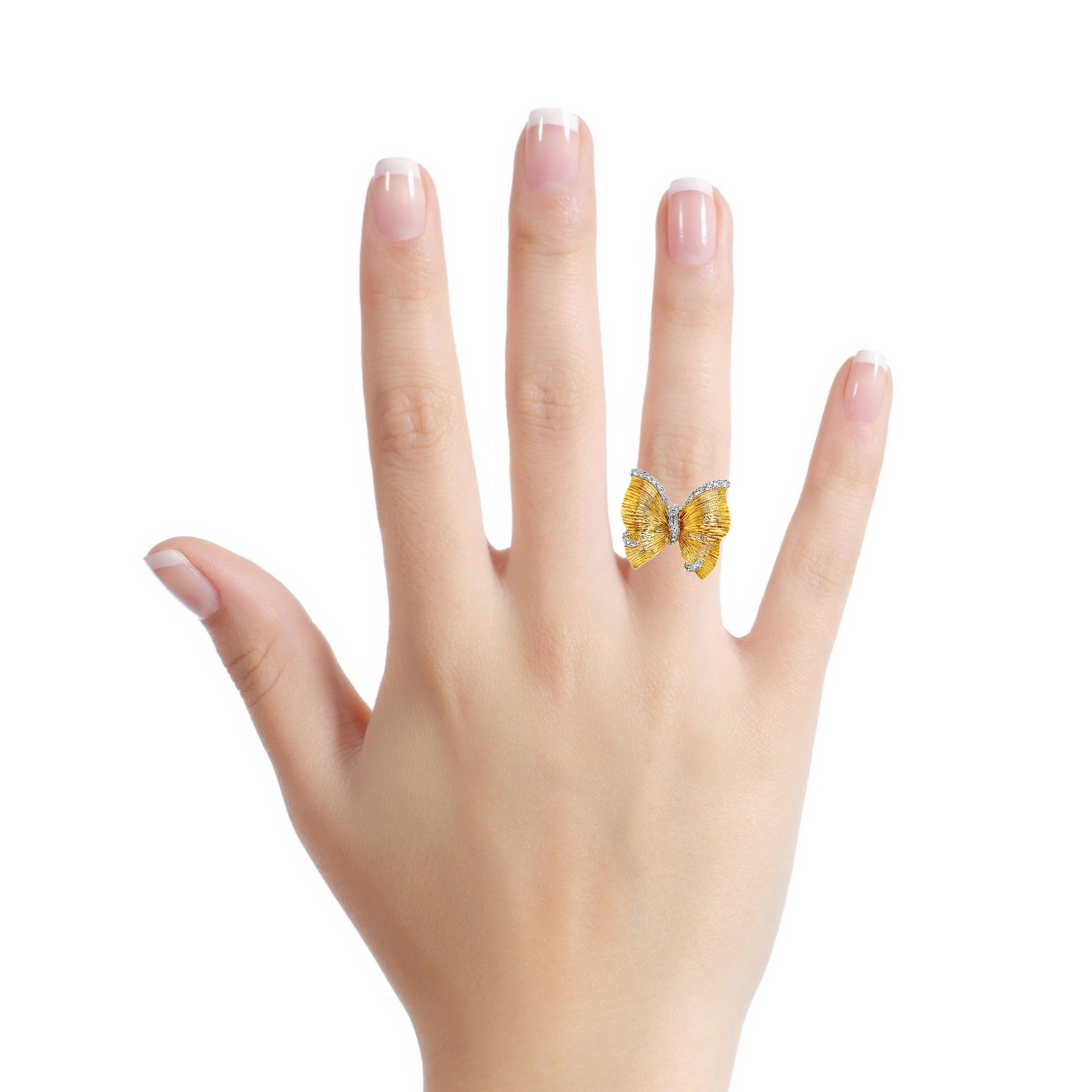 Butterfly Diamond Ring Two Tone Matte Finish Try on View