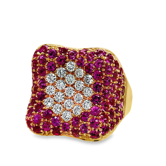 Pink Sapphire and Diamond Pave Cocktail Wide Rose Gold Ring Side view