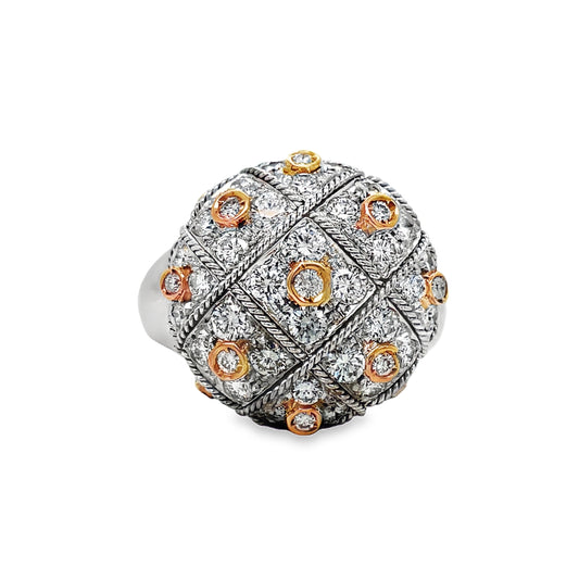 18K Two Tone Gold Italian Modern Brushed & Hand Engraved Round Ring Front view
