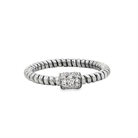 Front view of 18k Italian White Gold Diamond Square Motif Twisted Rope Stackable Ring