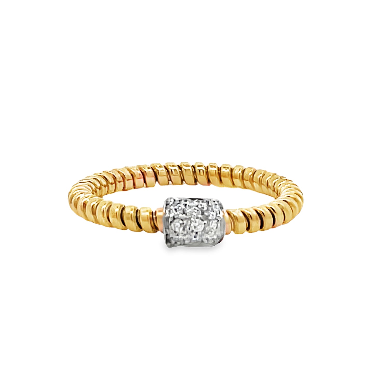 Front view of 18k Italian Yellow Gold Diamond Square Motif Twisted Rope Stackable Ring