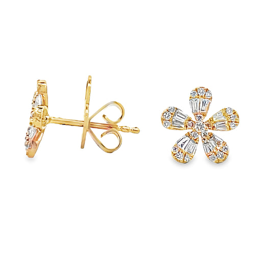 Front and side view of 18K Yellow Gold Small Five Petal Flower Diamond Stud Earrings 0.58 cts