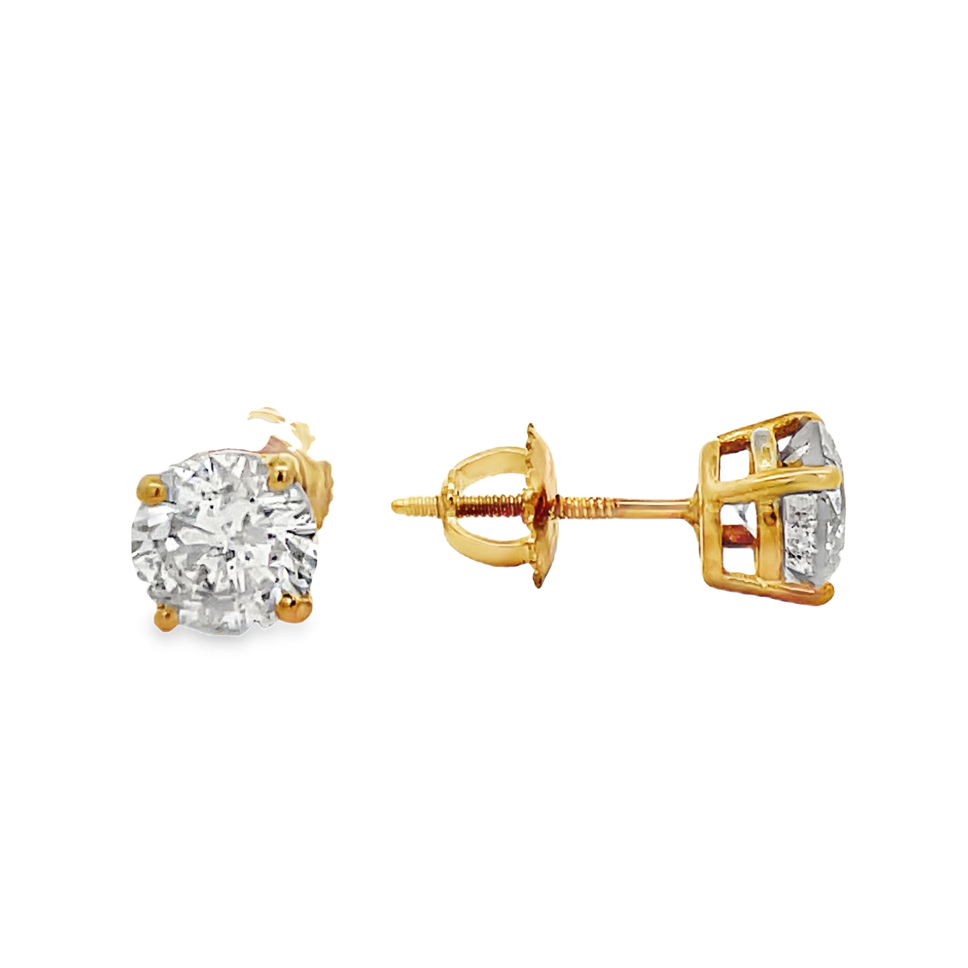 Front and side view of 14k Yellow Gold Diamond Studs 2.00 cts Yellow Gold 
