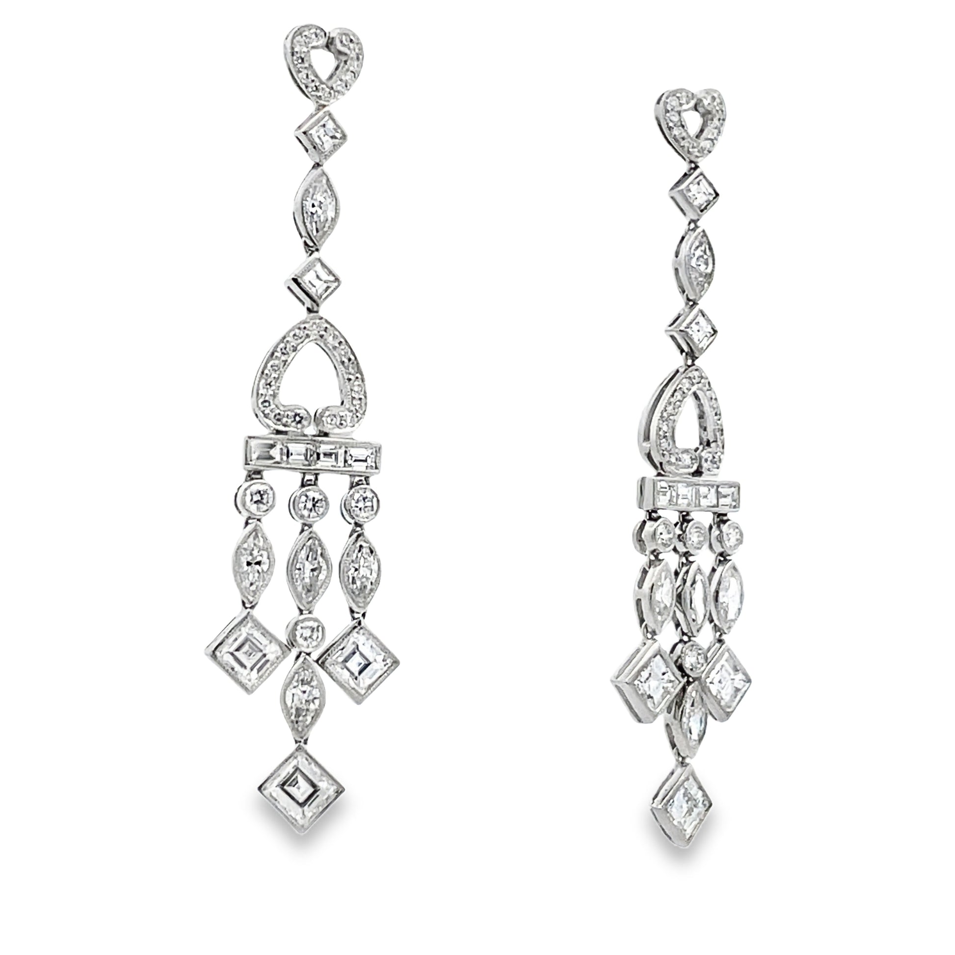 Side view of estate Raymond C. Yard 18k White Gold Art Deco Mixed Cut Diamond Chandelier Earrings 7.00 cts