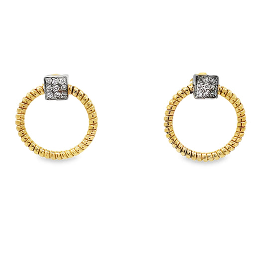 Front view of 18K Two Tone Italian Made Diamond Yellow Gold Medium Hoop Earring 
