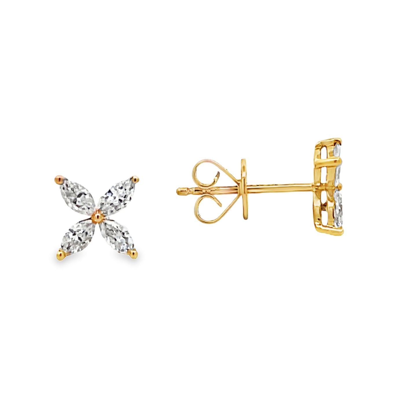 Front and side view of 18k Yellow Gold Four Marquise Diamond Stud Earrings 0.30 cts