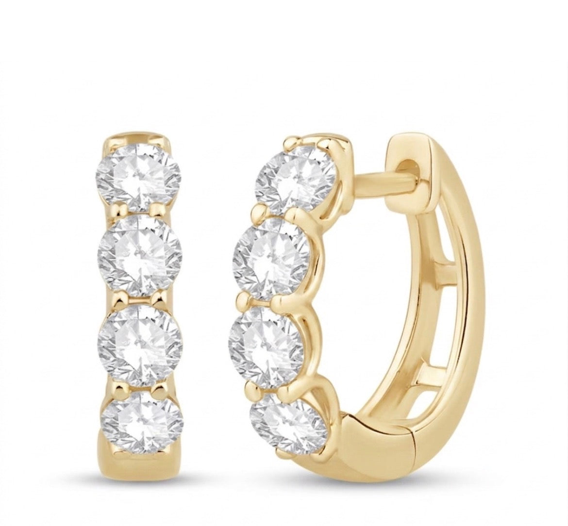 Front and side view of 18K Yellow Gold Four Diamond Hoop Earrings 0.99 cts