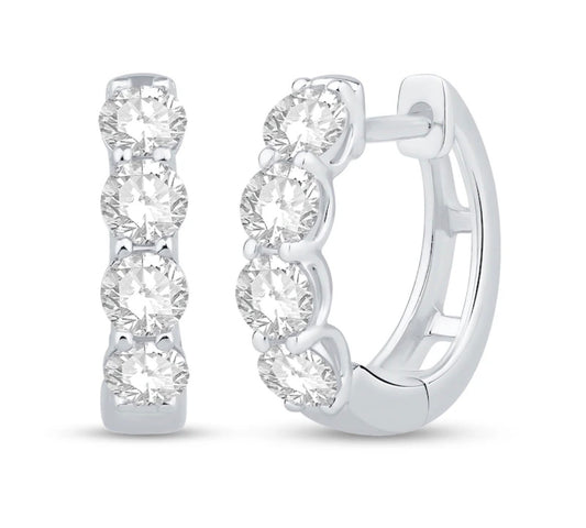 Front and side view of 18K White Gold Four Diamond Hoop Earrings 0.99 cts