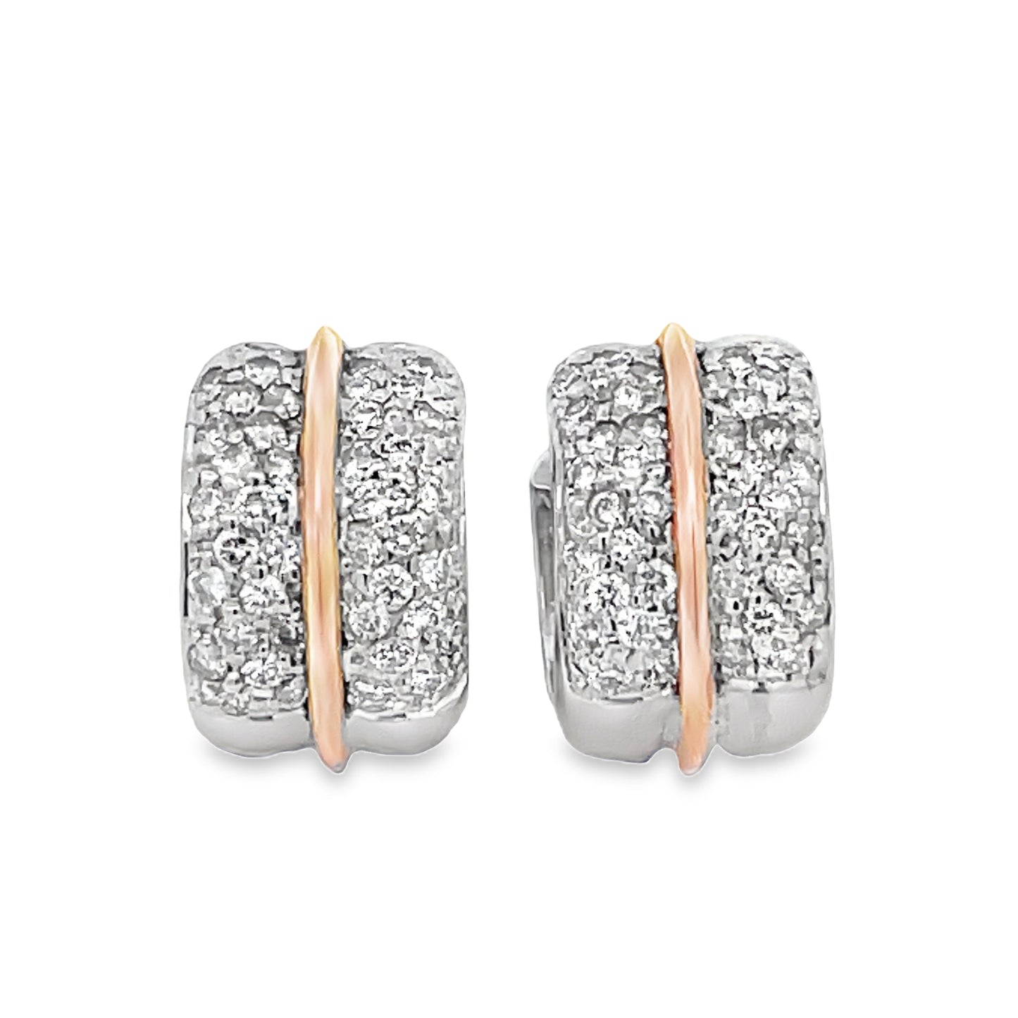 Front view of Diamond Pave Two Tone Huggie Hoops 1.78 cts