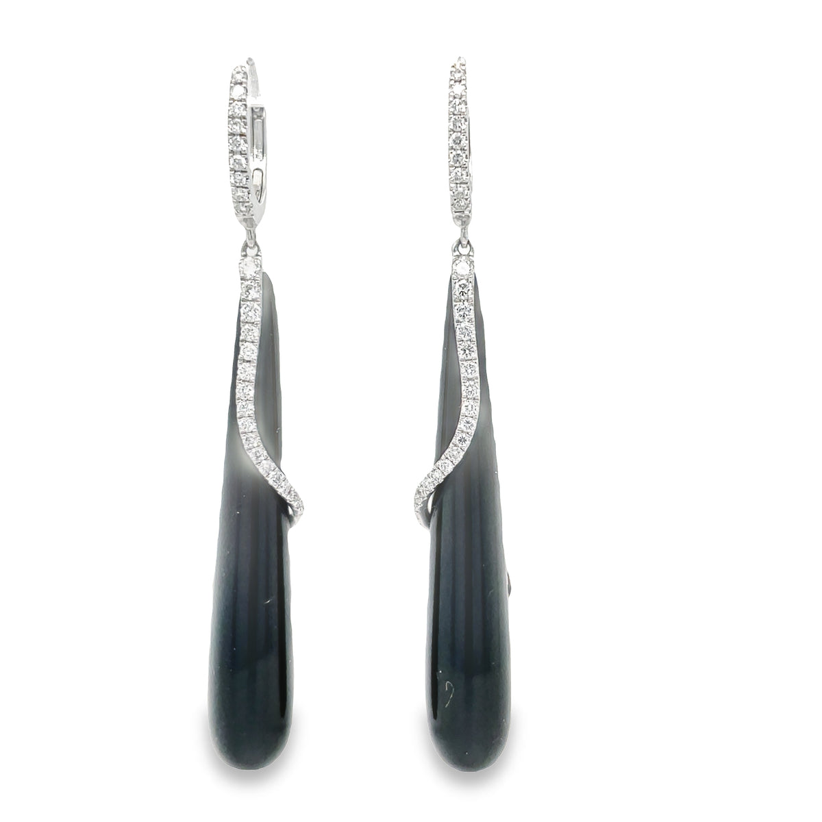 Front view of 18k White Gold Onyx Diamond Long Earrings