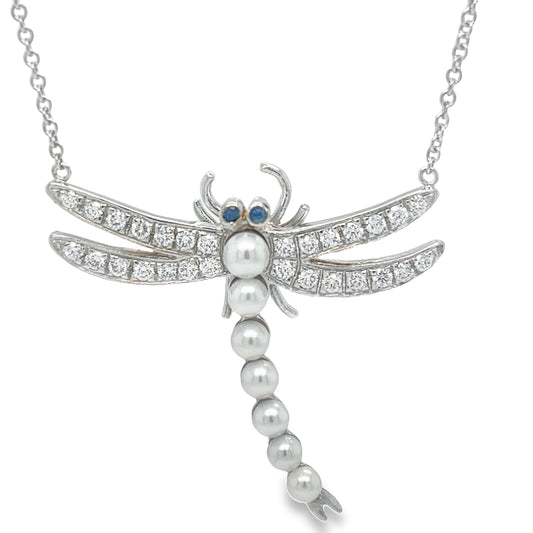 Diamond & Pearl Dragonfly Pendant Necklace Front view