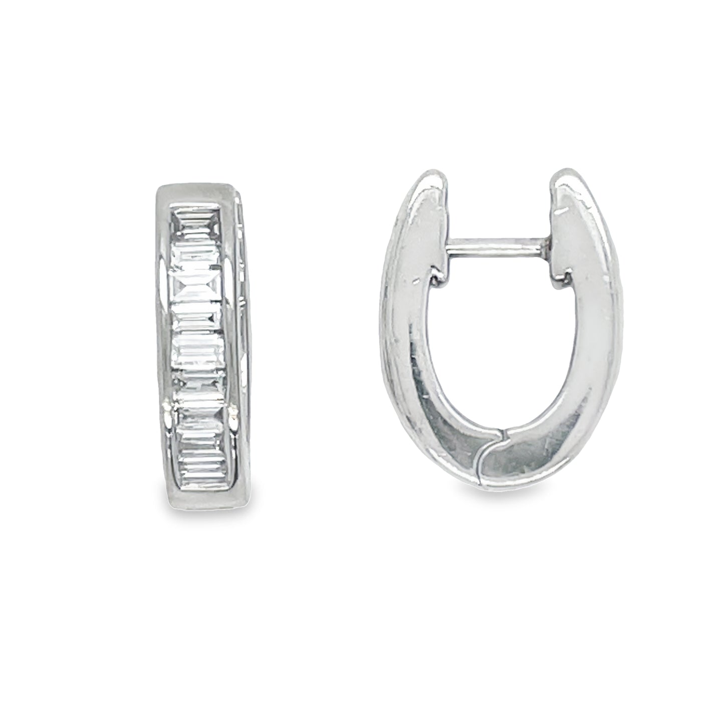 Diamond Baguette Huggie Earrings Oval Shape 0.70 cts Front and Side View