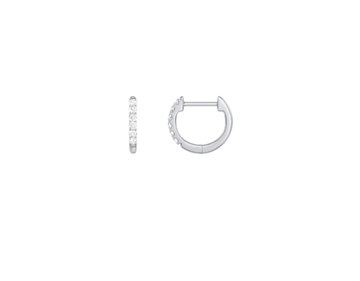 Front and side view of 14K Mini White Gold Diamond Huggie Earrings 0.19 cts