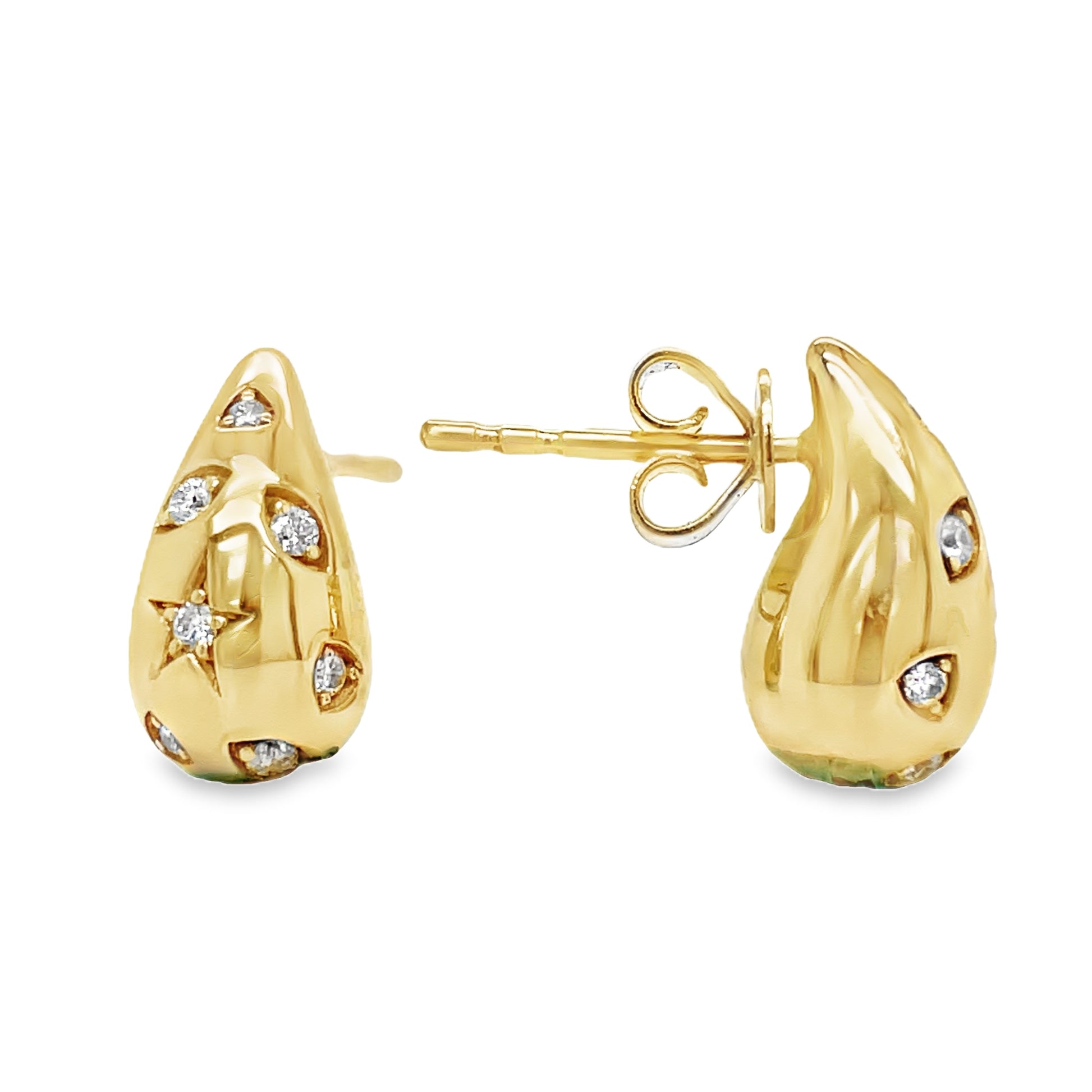 14k Yellow Gold Puff Diamond Tear Drop Shape Stud Earrings Front and Side View