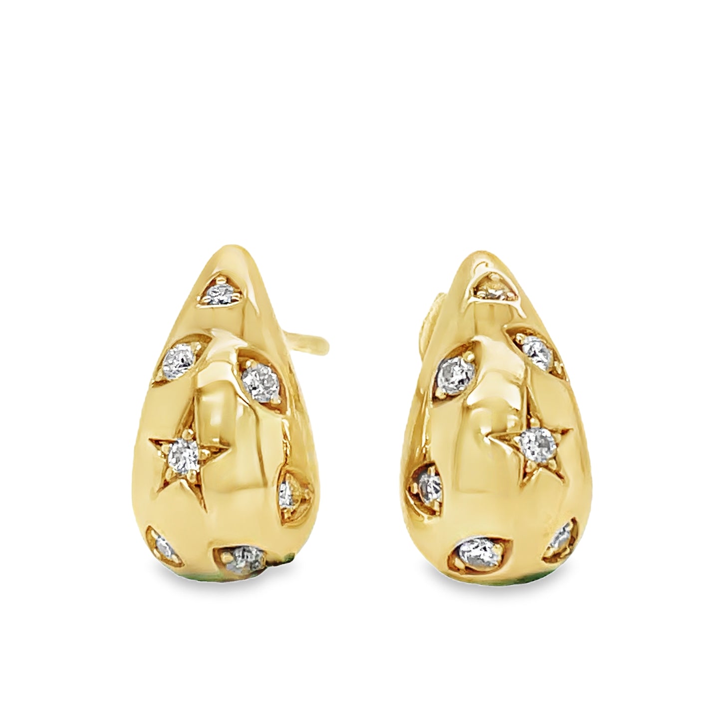 14k Yellow Gold Puff Diamond Tear Drop Shape Stud Earrings Front view 