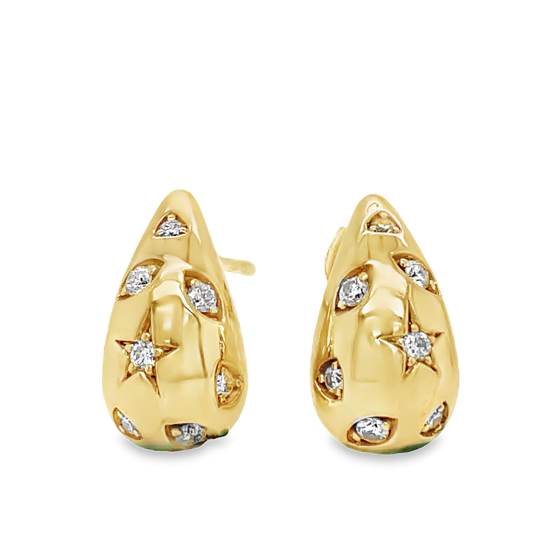 14k Yellow Gold Puff Diamond Tear Drop Shape Stud Earrings Front view 
