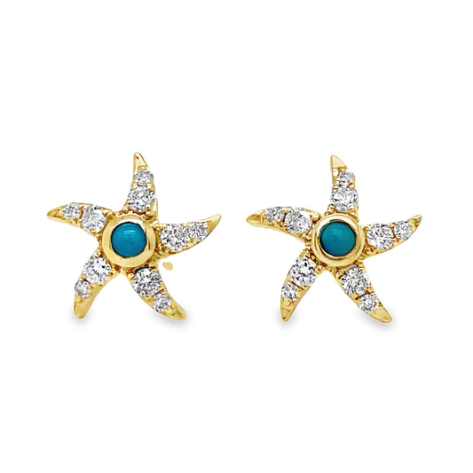 Turquoise & Diamond Gold Starfish Earrings Front view 