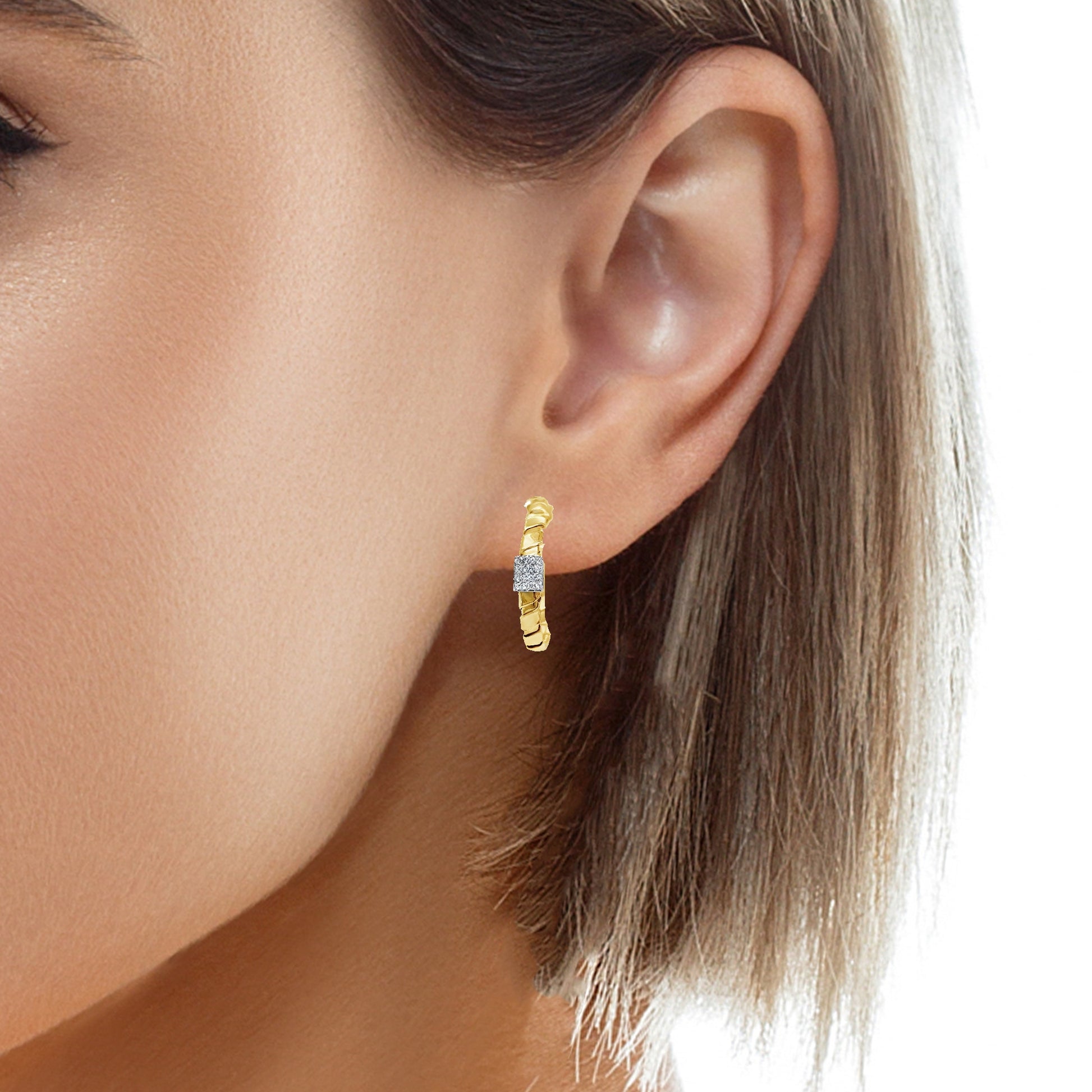 Try on view of 18K Two Tone Italian Made Diamond Yellow Gold Flexible Large Hoop Earring