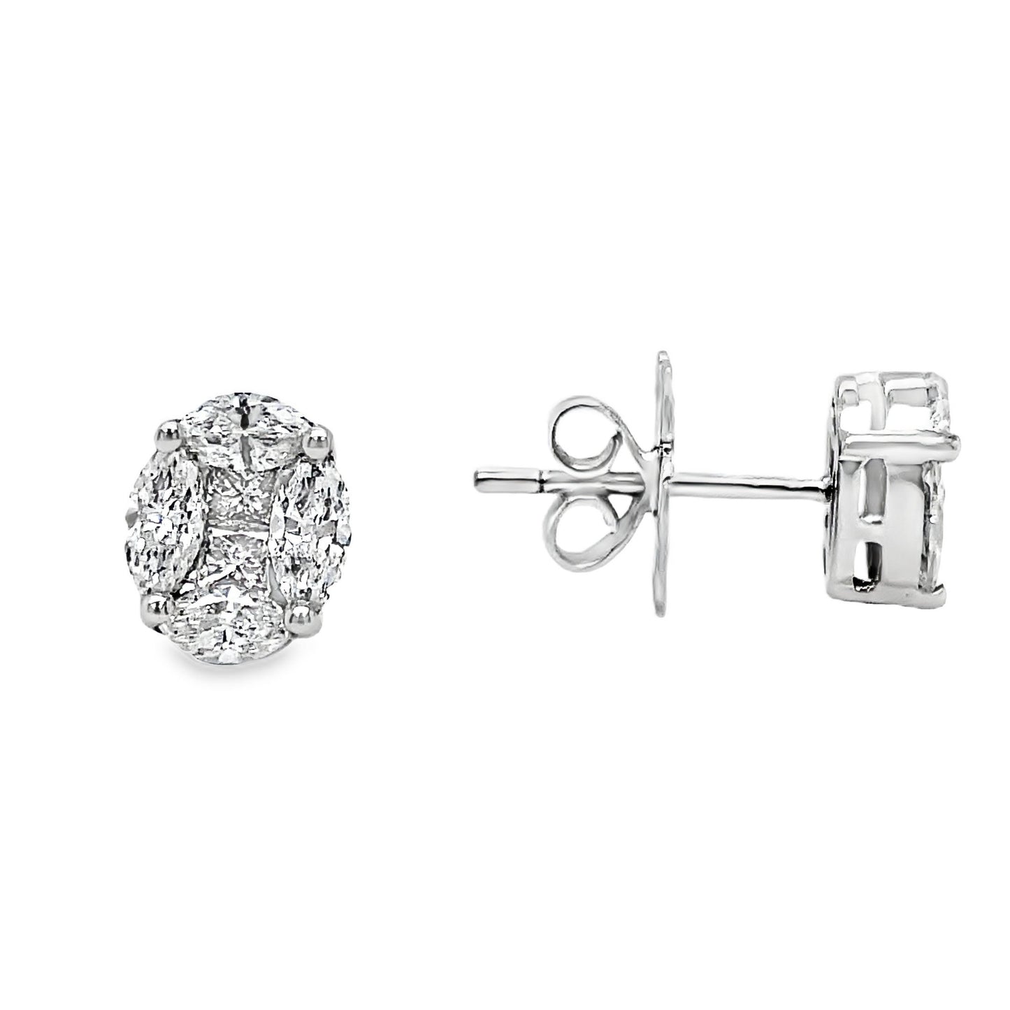 Oval Shape Illusion Diamond Stud Earrings Front and Side View