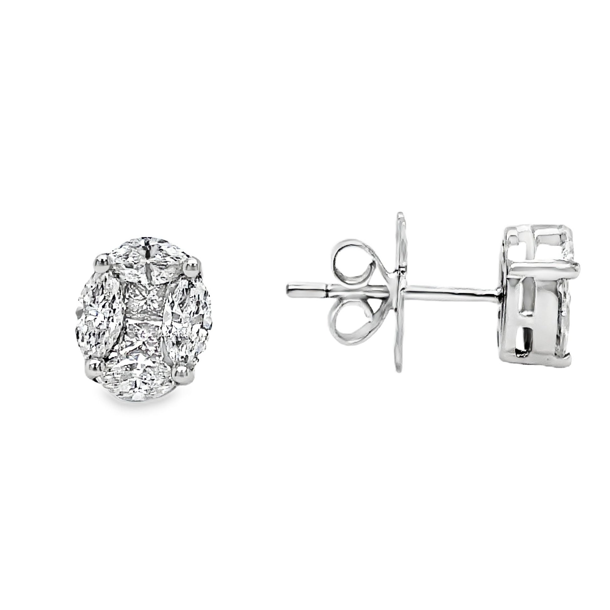 Oval Shape Illusion Diamond Stud Earrings Front and Side View