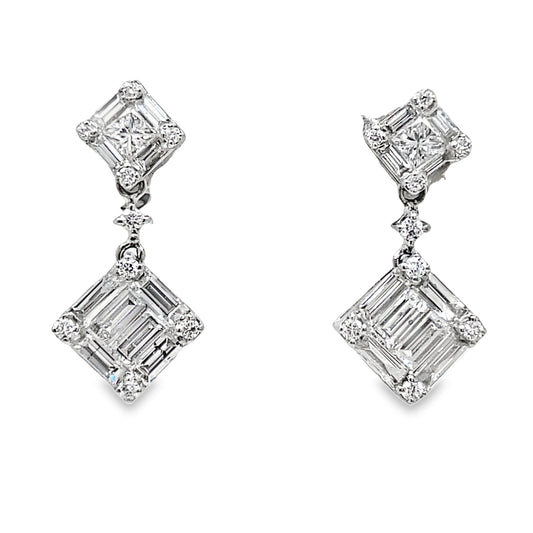 Front view of 18k White Gold Diamond Tilted Square Double Drop Illusion Setting Earrings