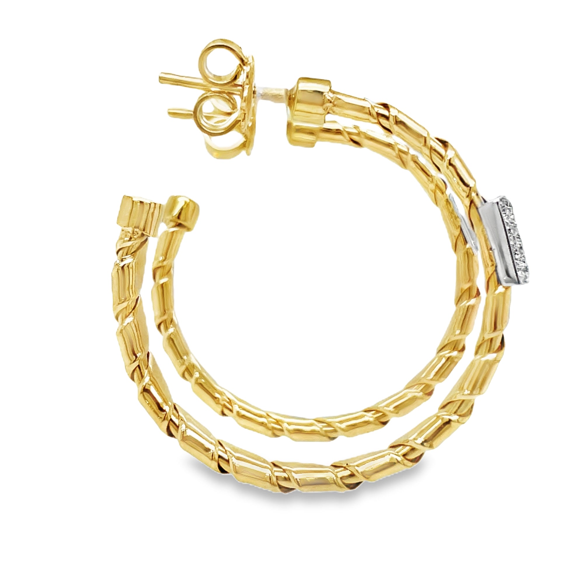 Side view of 18K Two Tone Italian Made Diamond Yellow Gold Flexible Large Hoop Earring