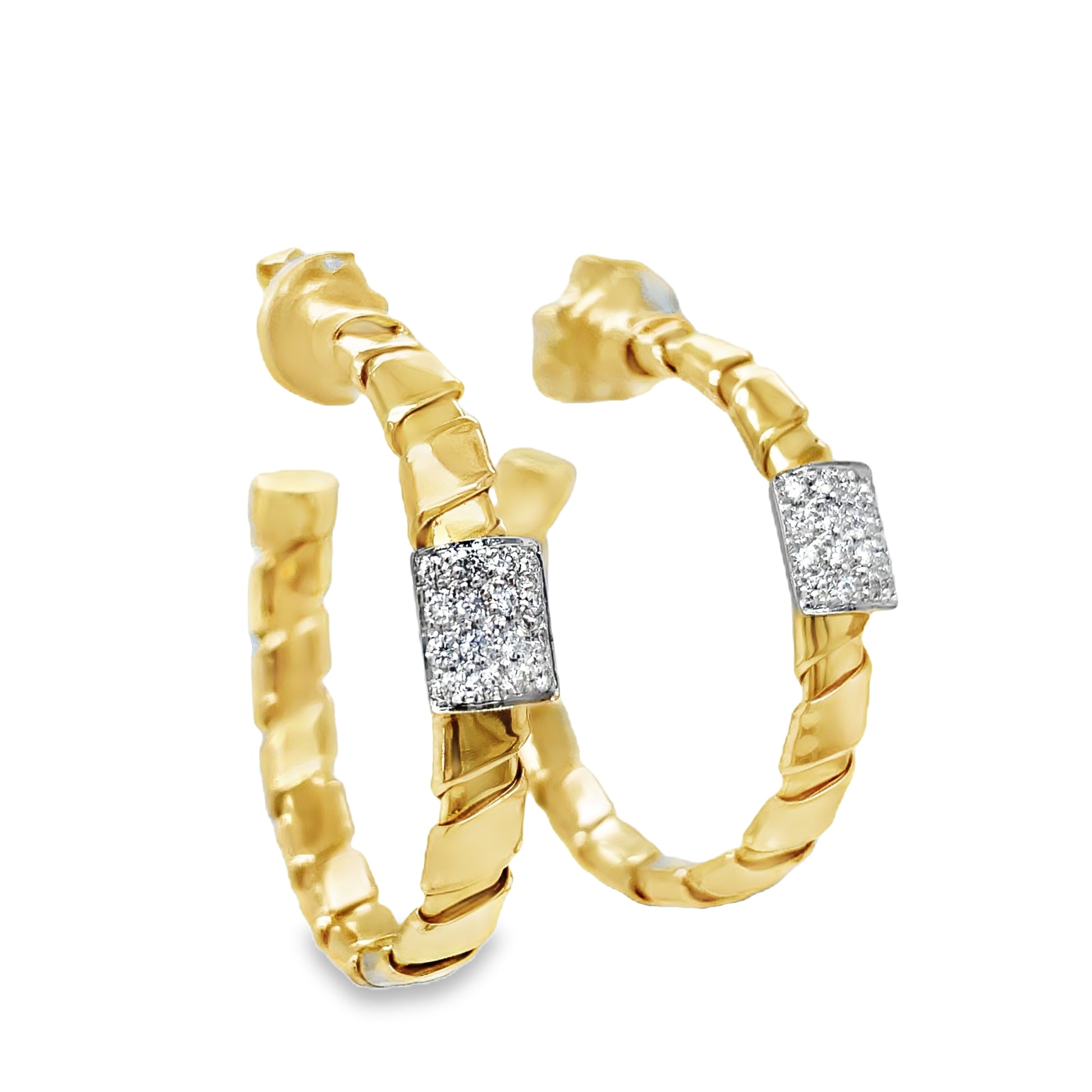 Side view of 18K Two Tone Italian Made Diamond Yellow Gold Flexible Large Hoop Earring