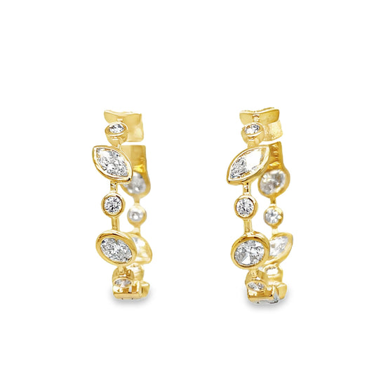 18K Yellow Gold Mix Cut Bezel Set Diamond Hoop Earrings Front view