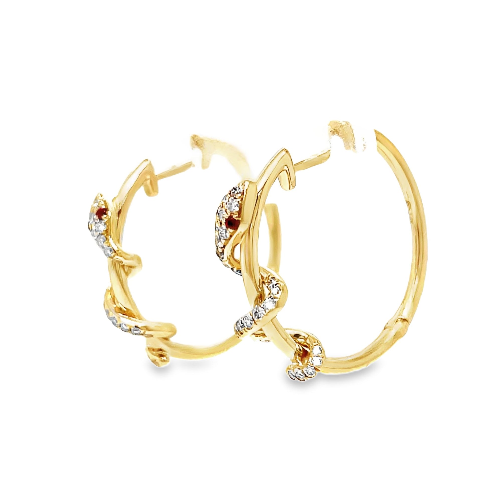 14k Yellow Gold Diamond and Ruby Snake Hoop Earrings Side view