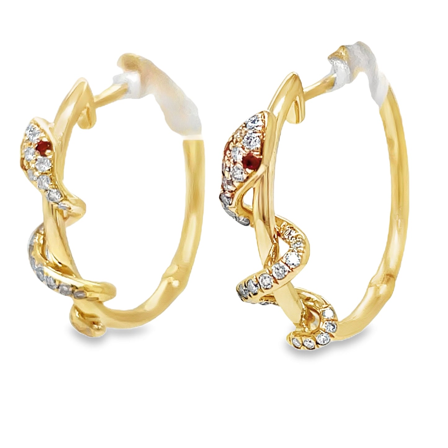 14k Yellow Gold Diamond and Ruby Snake Hoop Earrings Side view