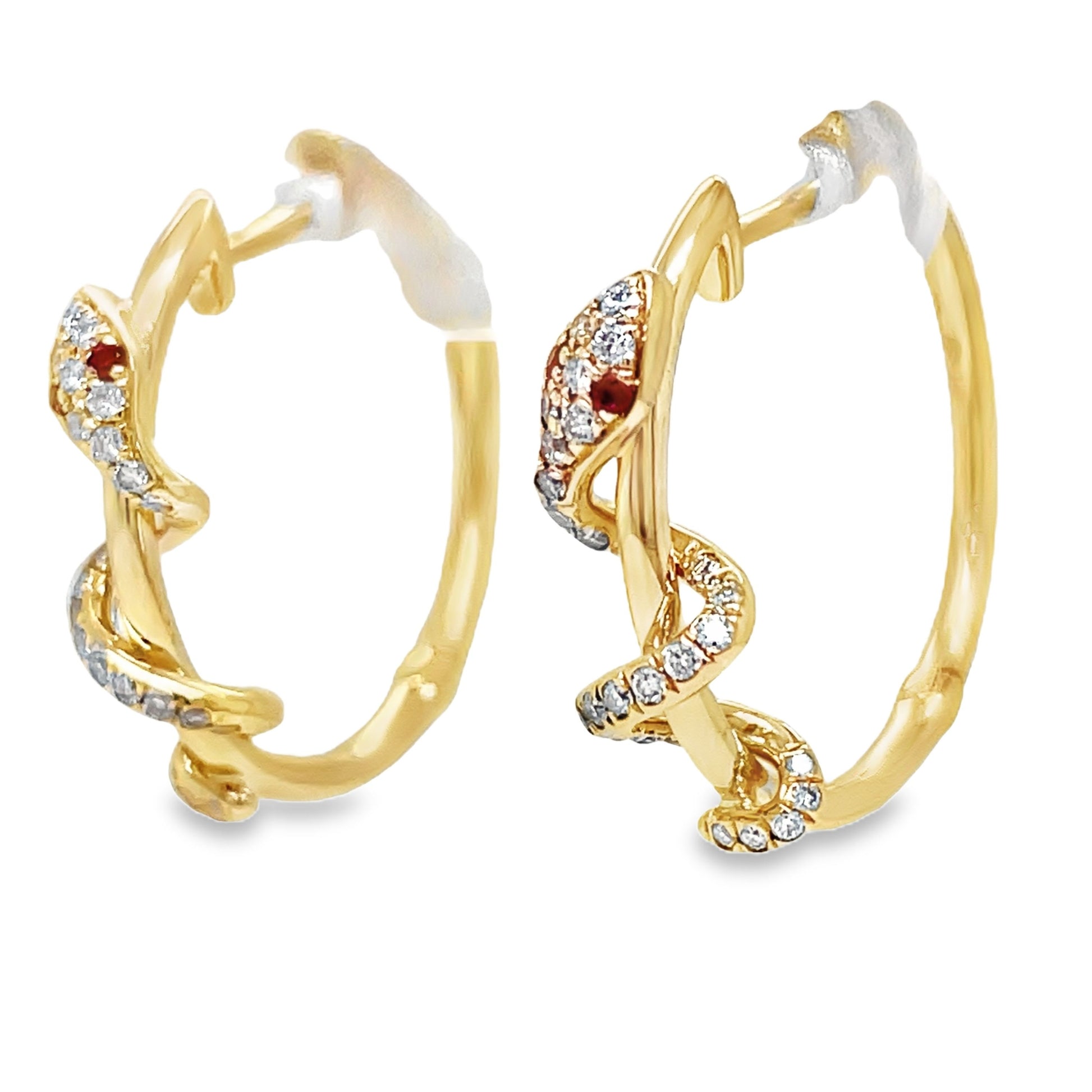 14k Yellow Gold Diamond and Ruby Snake Hoop Earrings Side view