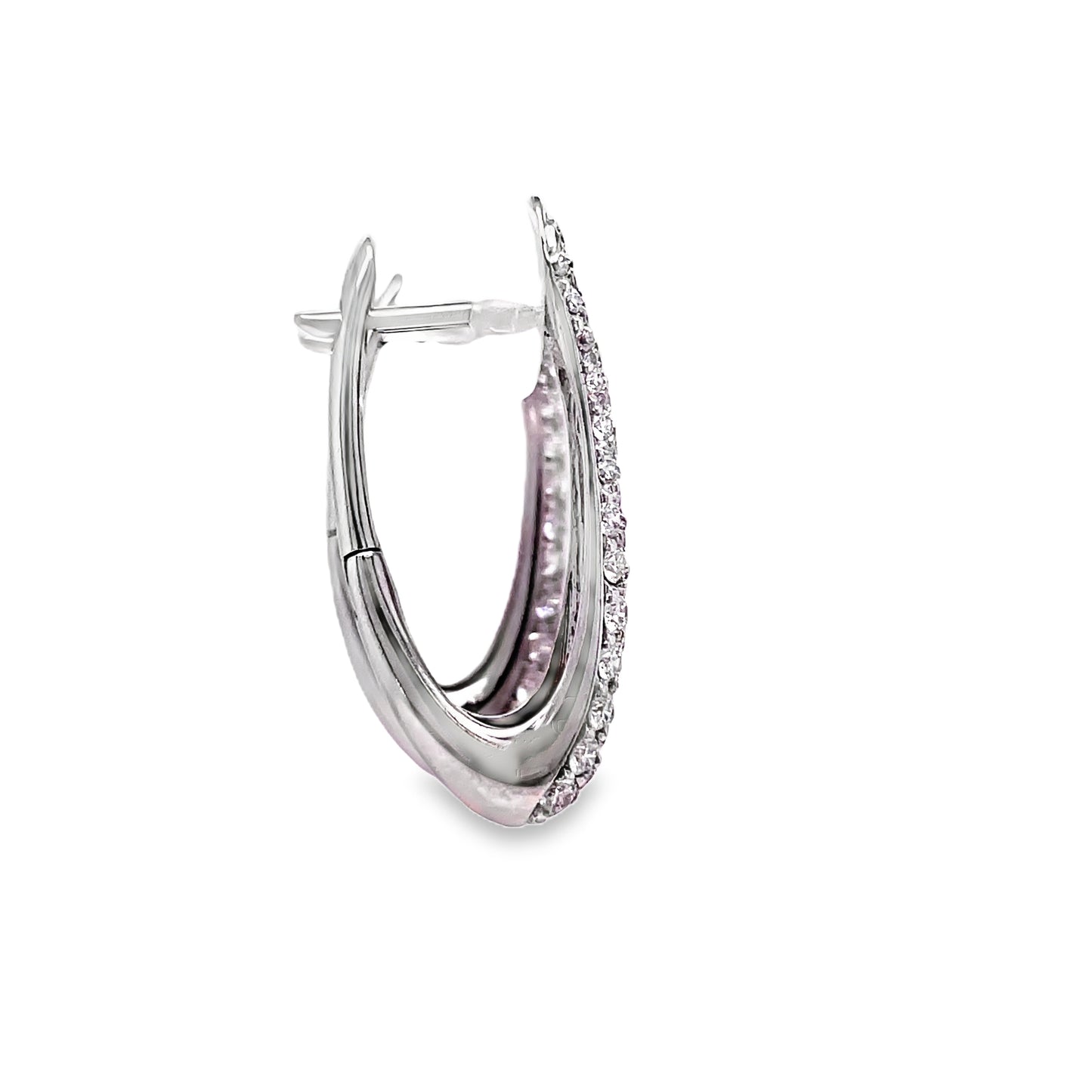 Italian Made Oval Shape Diamond Pave Hoop Earrings Profile View