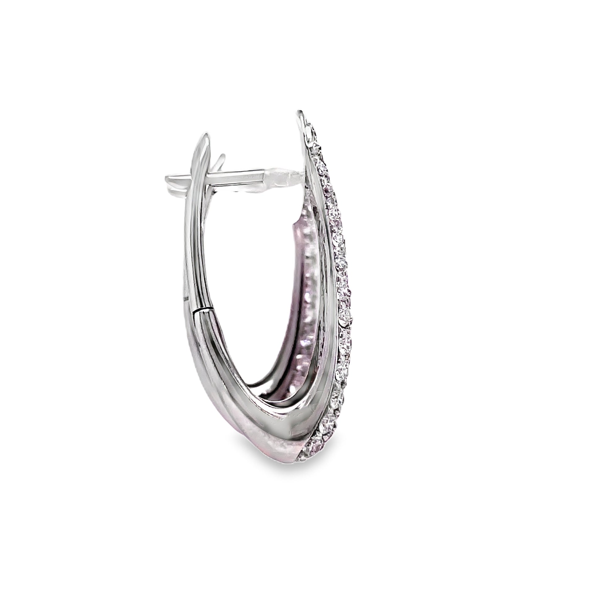 Italian Made Oval Shape Diamond Pave Hoop Earrings Profile View