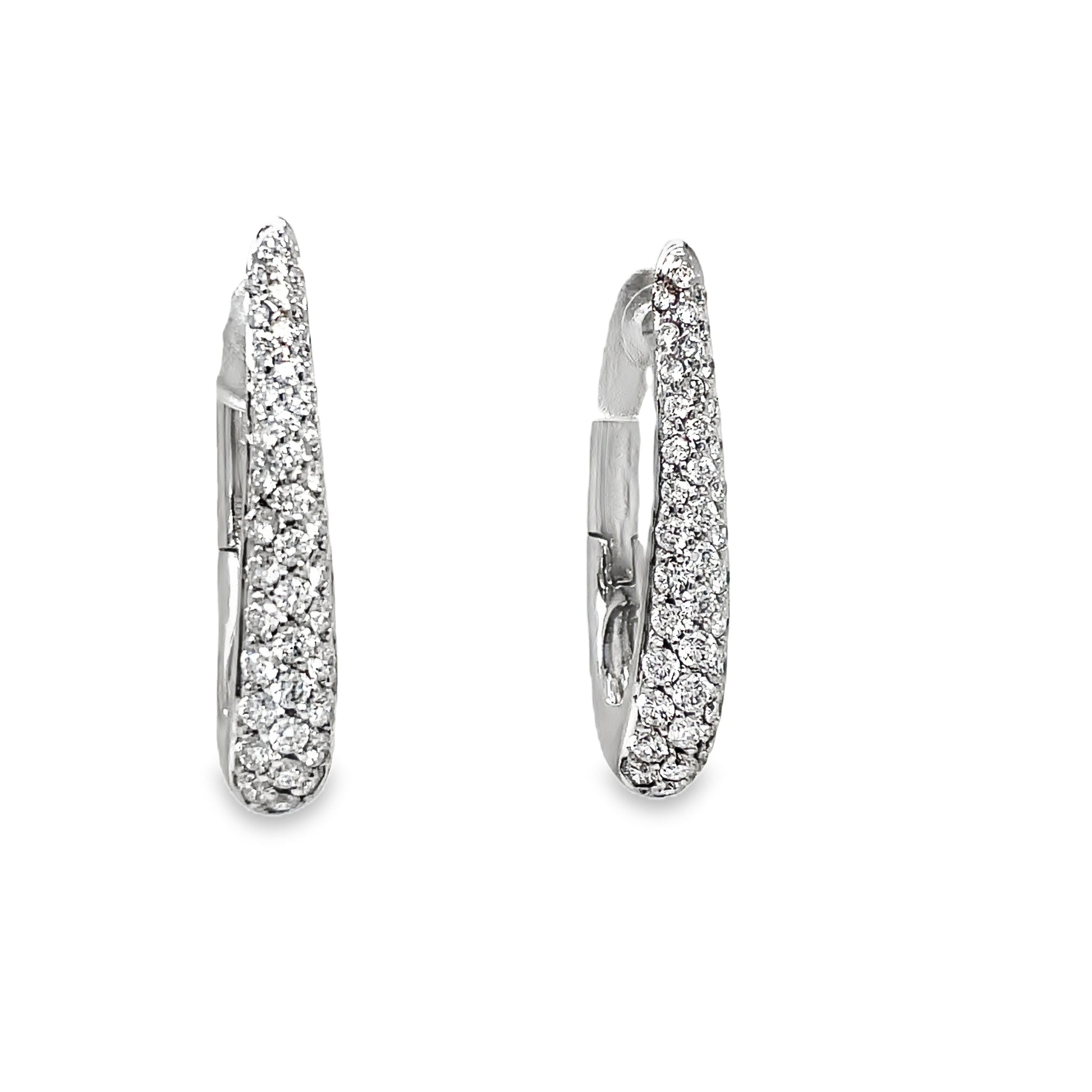 Italian Made Oval Shape Diamond Pave Hoop Earrings Front and Side View