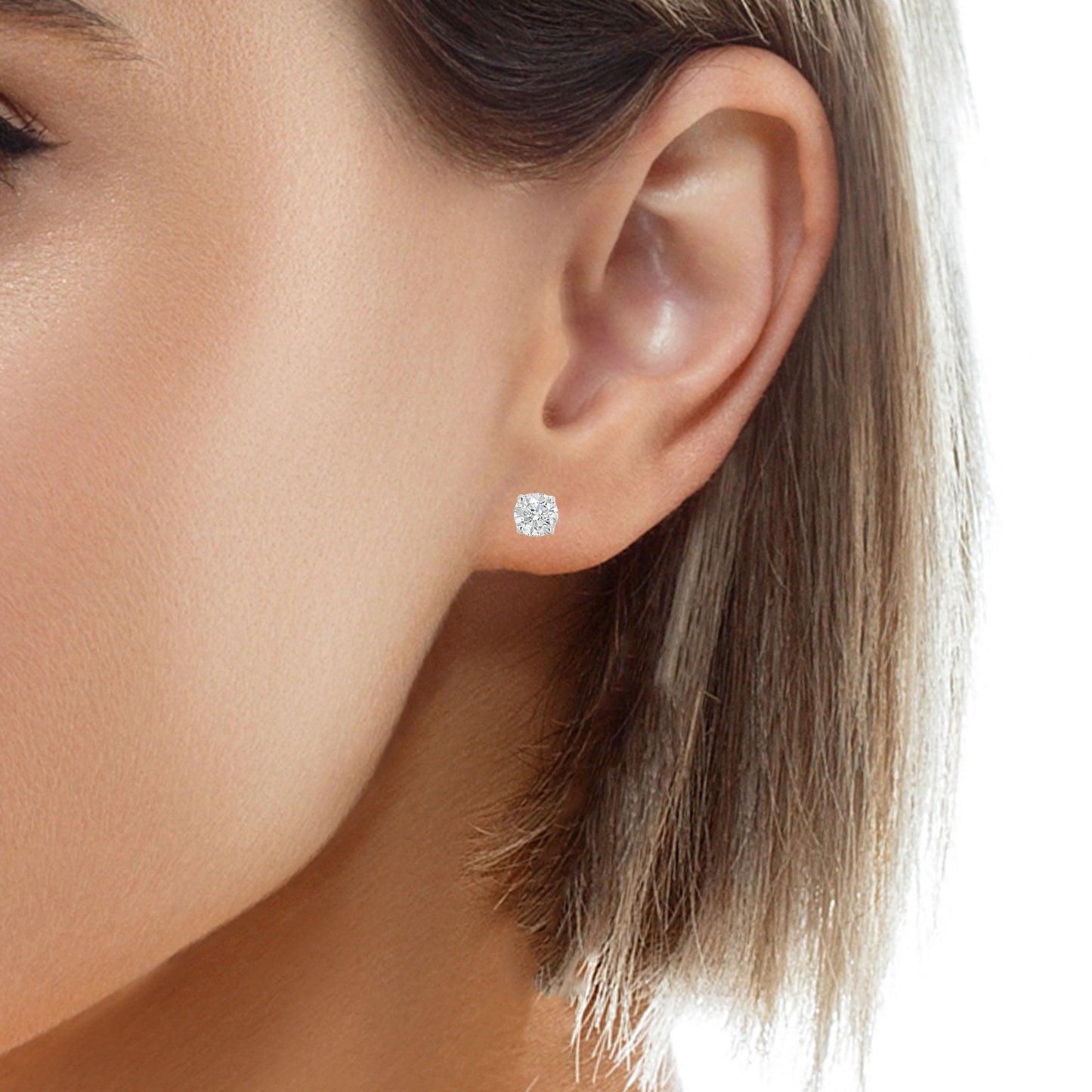 Try on view of 14k Diamond Studs 0.80 cts White Gold.