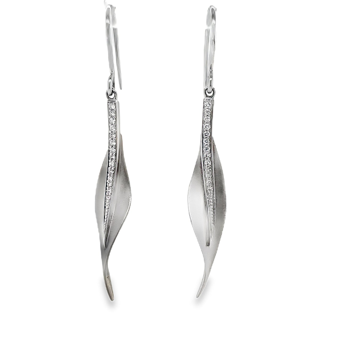 Front View of Diamond Leaf White Gold Drop Earrings 