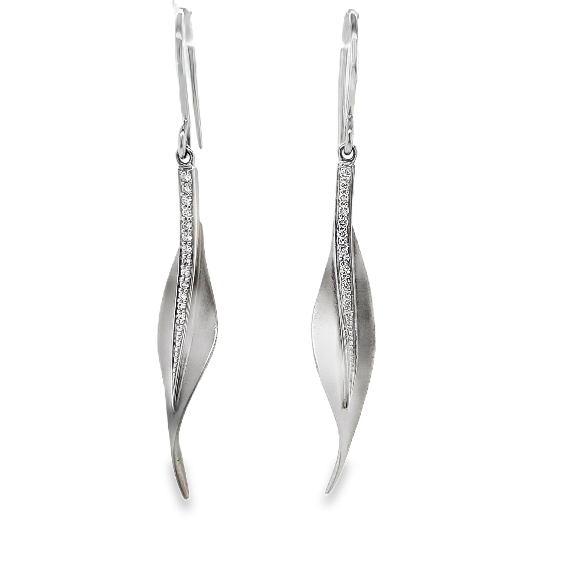Front View of Diamond Leaf White Gold Drop Earrings 