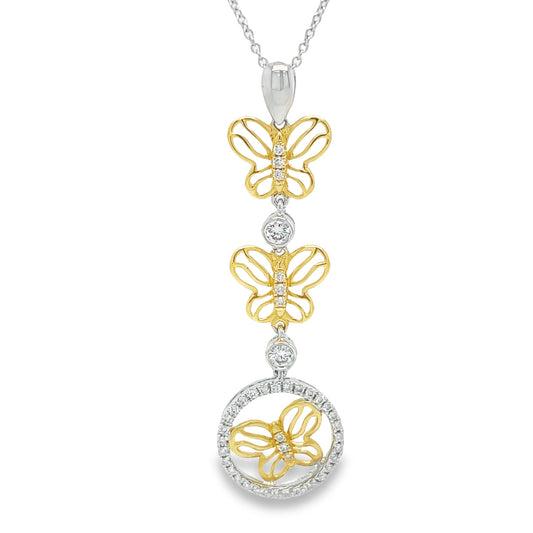 Diamond Three Butterfly Two Tone Pendant Necklace Front view 