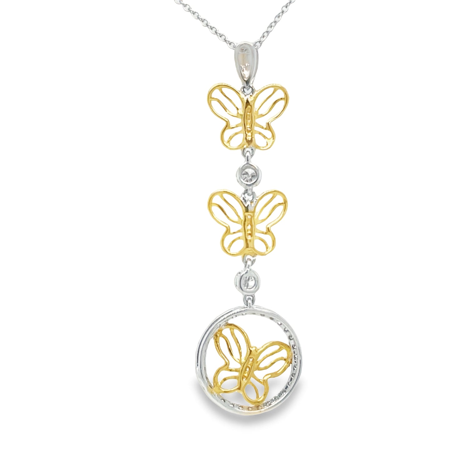 Diamond Three Butterfly Two Tone Pendant Necklace Back View