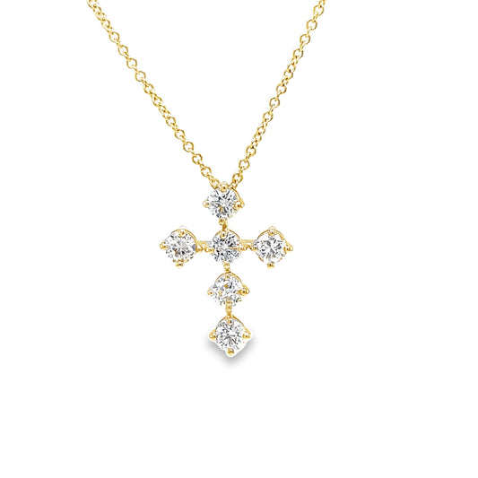 Classic Share Prong Diamond Cross Pendant Necklace Yellow Gold Front view